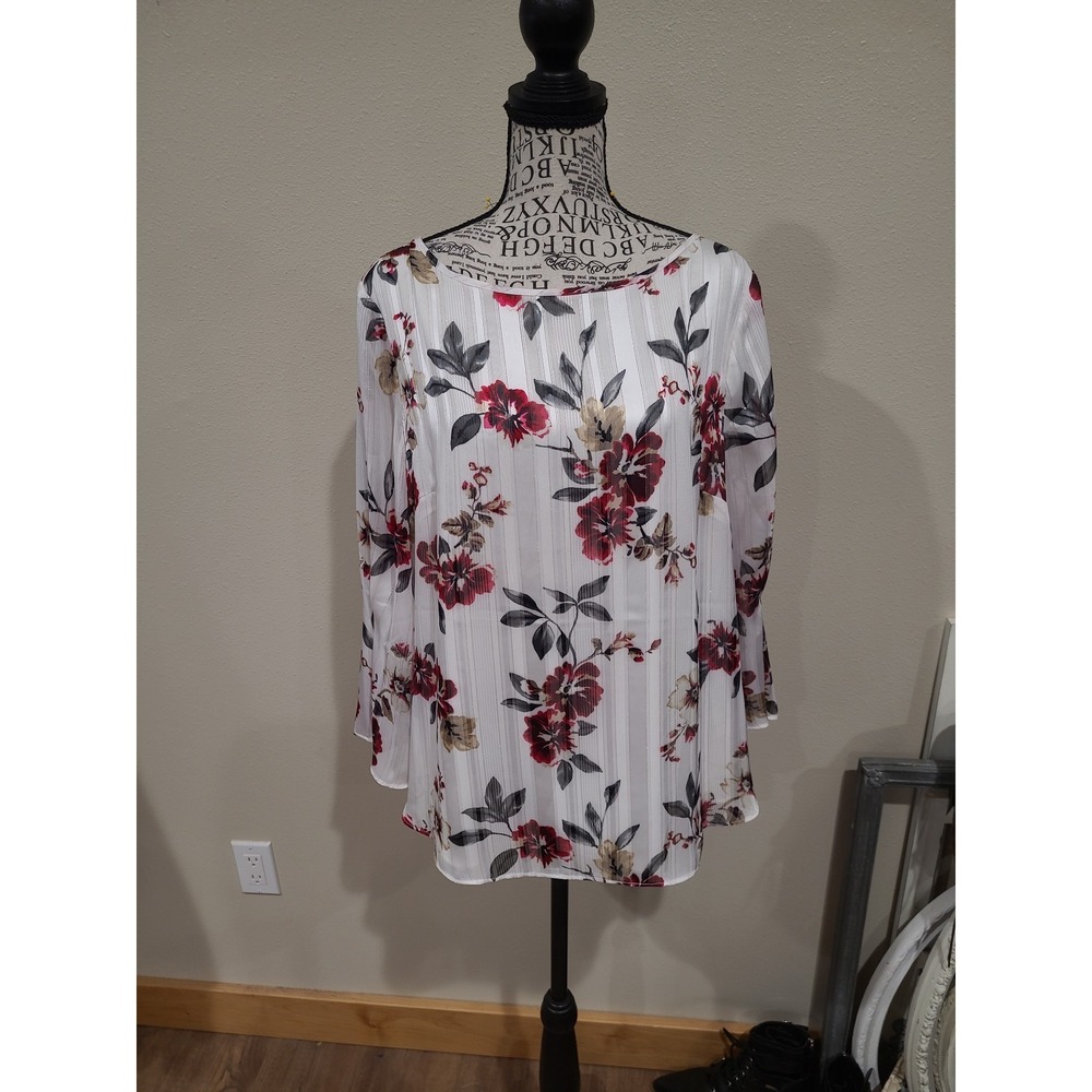 White House Black Market floral blouse women SZ 14 office career 3/4 bell sleeve